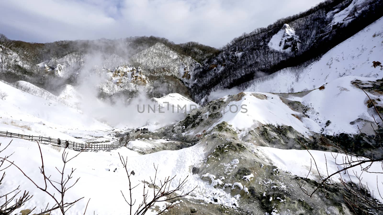 Noboribetsu onsen and bridge hell valley snow winter national park in Jigokudani, Hokkaido, Japan
