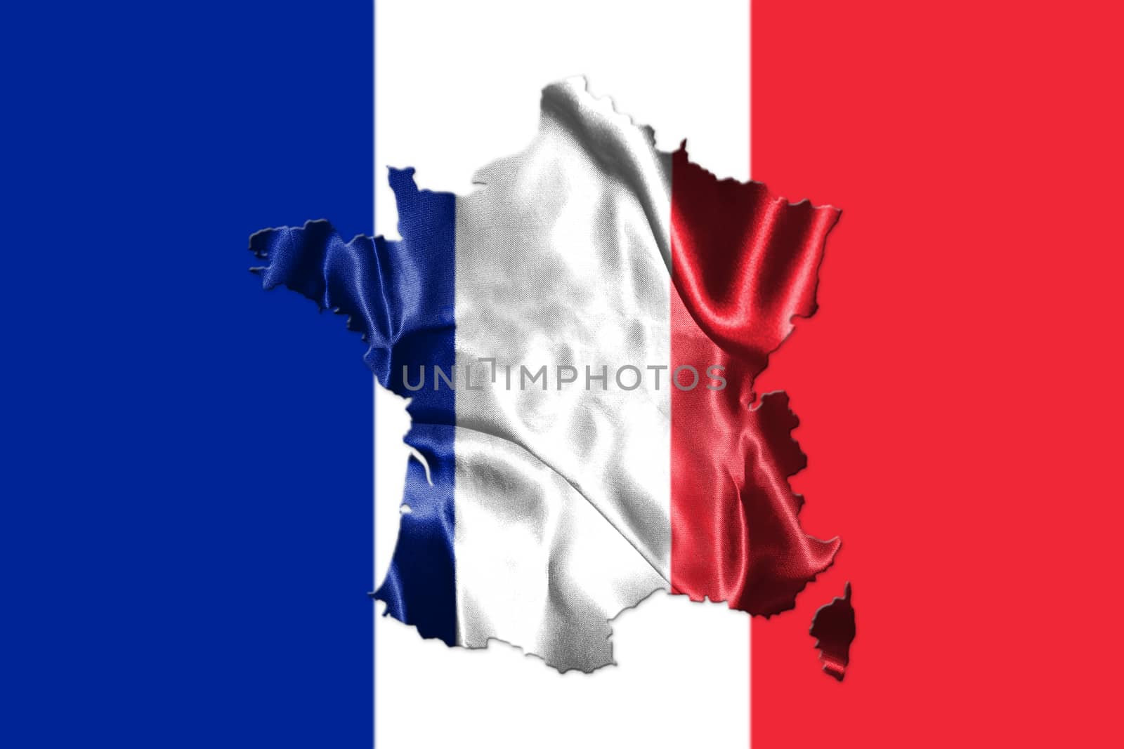 National Flag Of France Waving in the Wind With French Map On It 3D illustration