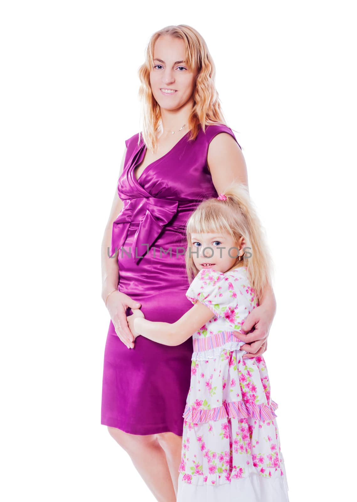 Mother and daughter standing holding isolated on white