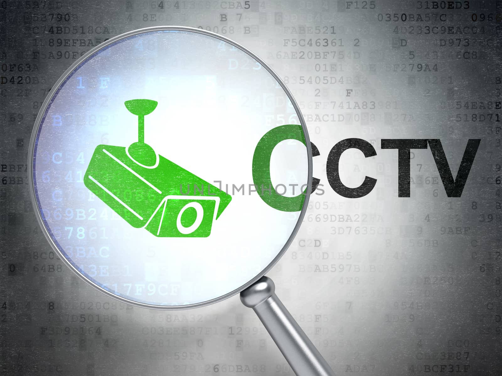 Security concept: magnifying optical glass with Cctv Camera icon and CCTV word on digital background, 3D rendering