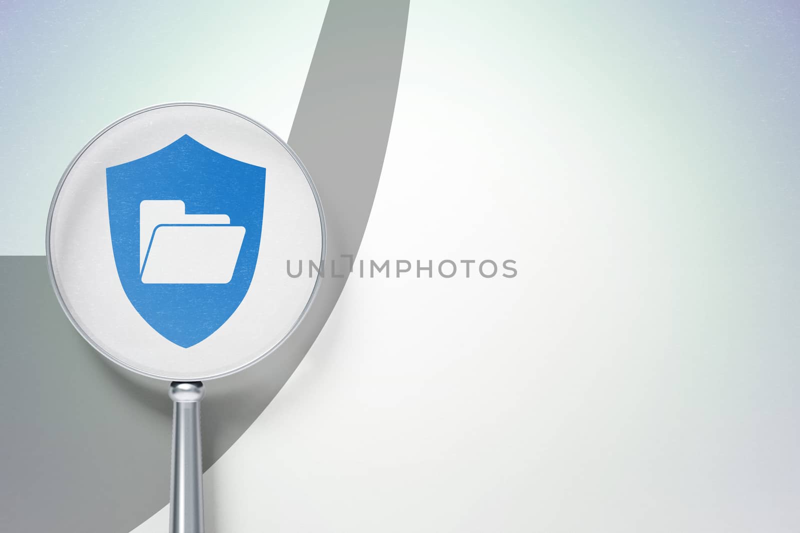 Business concept: magnifying optical glass with Folder With Shield icon on digital background, empty copyspace for card, text, advertising, 3D rendering