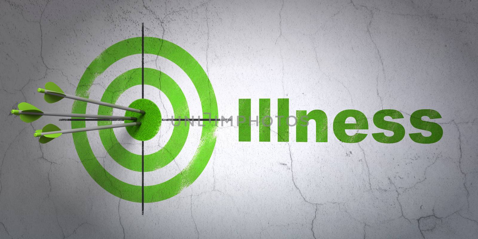 Success Health concept: arrows hitting the center of target, Green Illness on wall background, 3D rendering