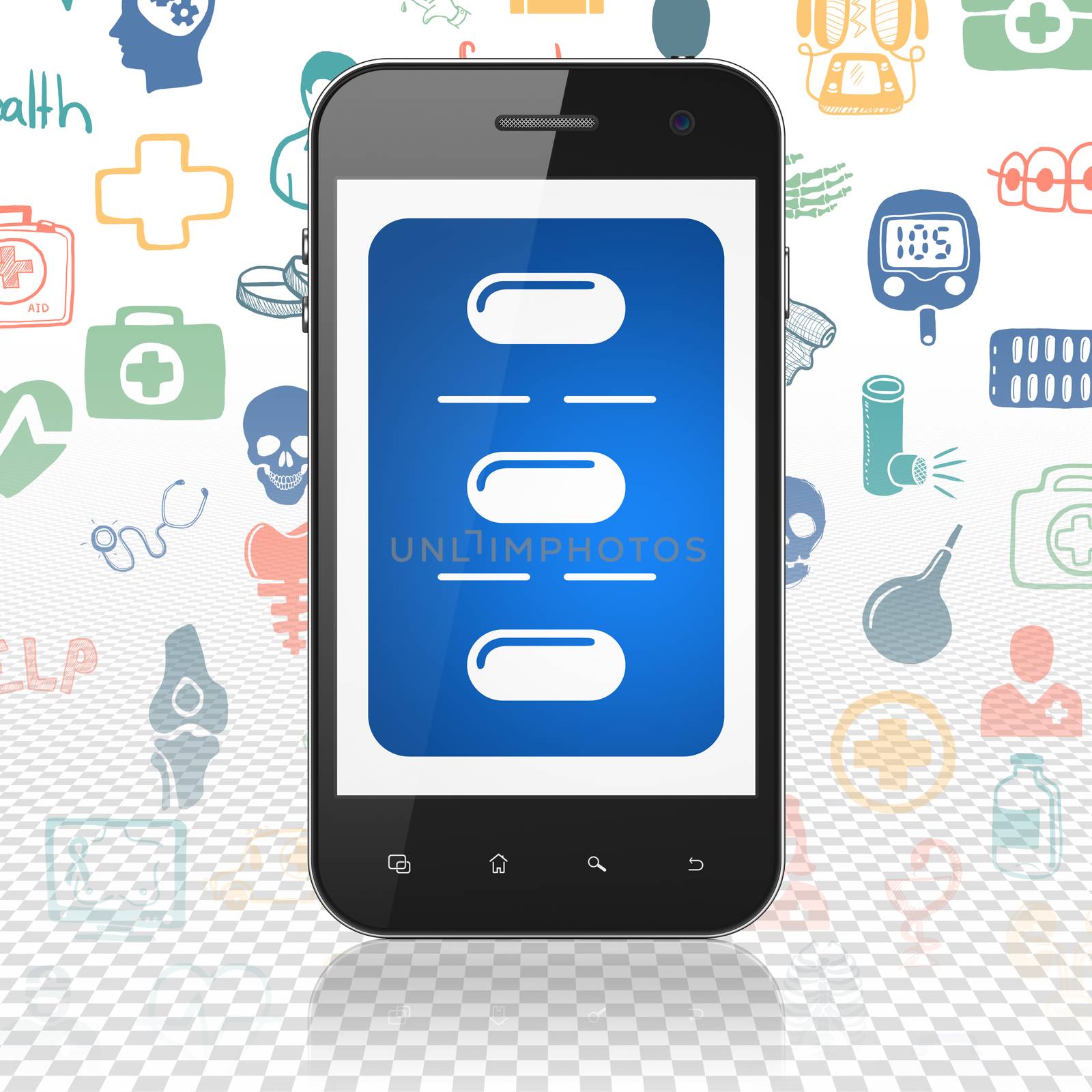 Health concept: Smartphone with  blue Pills Blister icon on display,  Hand Drawn Medicine Icons background, 3D rendering