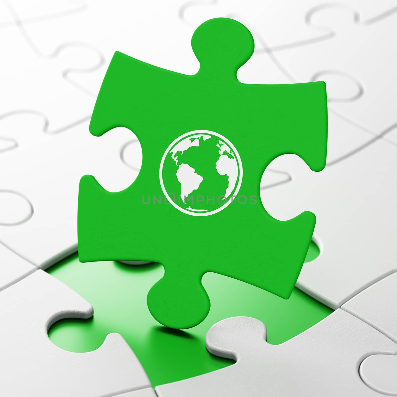 Science concept: Globe on Green puzzle pieces background, 3D rendering