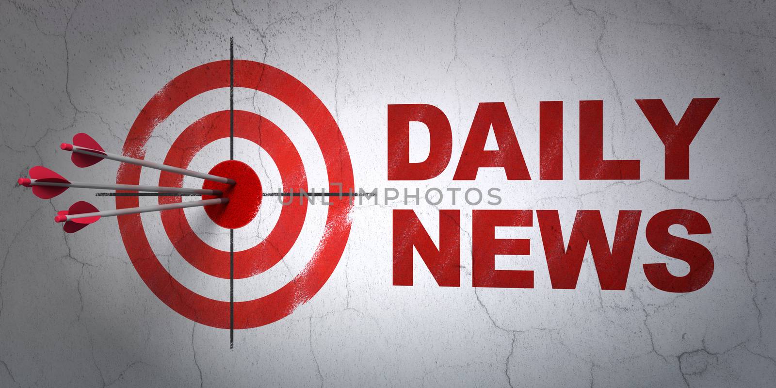 Success news concept: arrows hitting the center of target, Red Daily News on wall background, 3D rendering