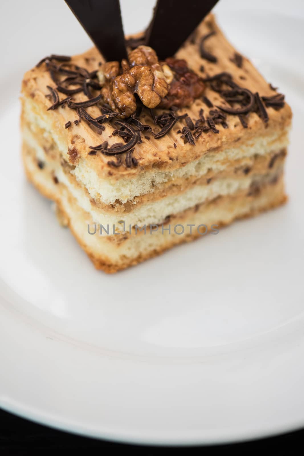 chocolate dessert pie with in a white plate