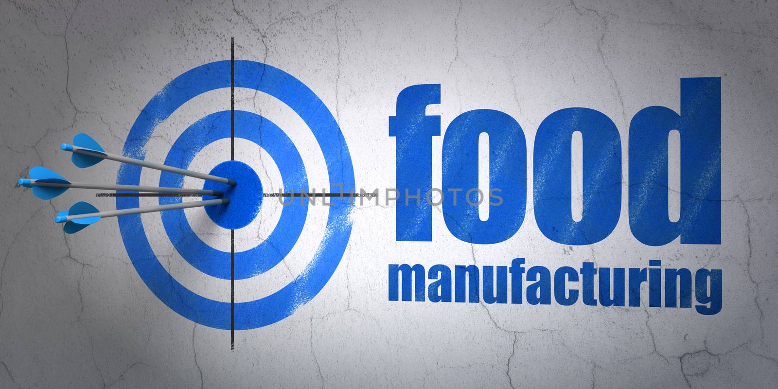 Success Manufacuring concept: arrows hitting the center of target, Blue Food Manufacturing on wall background, 3D rendering