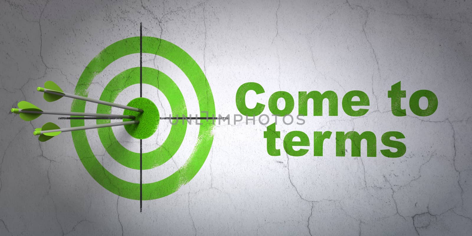 Success law concept: arrows hitting the center of target, Green Come To Terms on wall background, 3D rendering