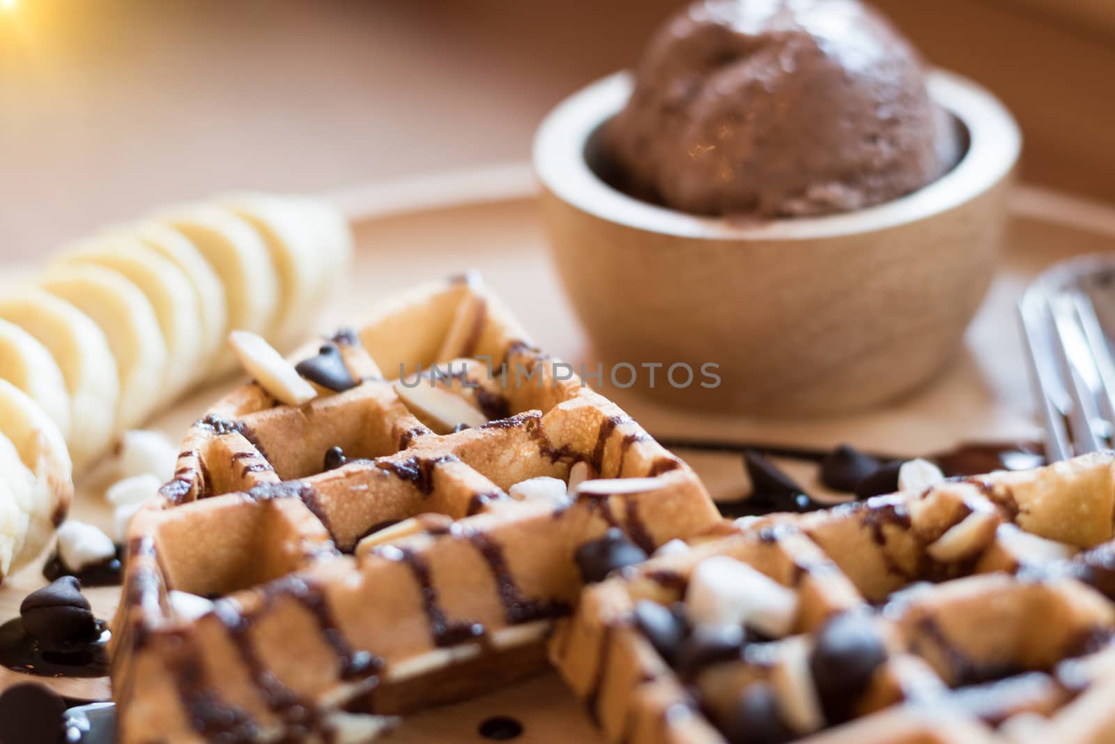 Belgian waffles with fruit and chocolate, forest fruit, all homemade, delicious batter