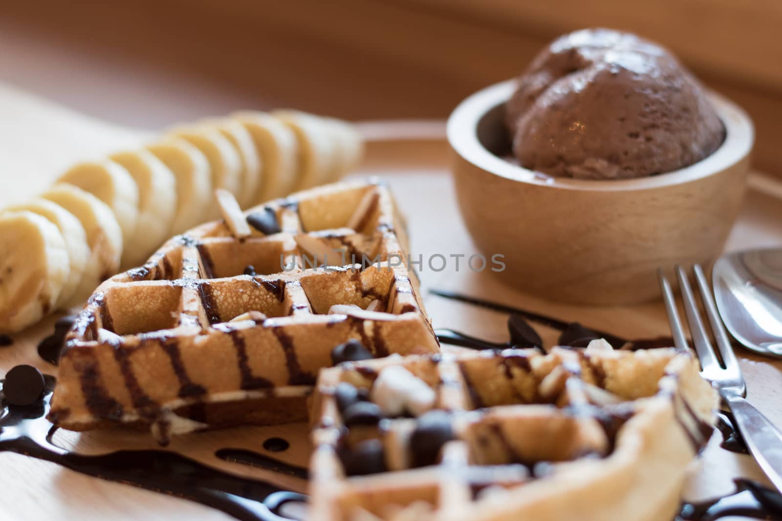 Belgian waffles with fruit and chocolate, forest fruit, all home by dfrsce