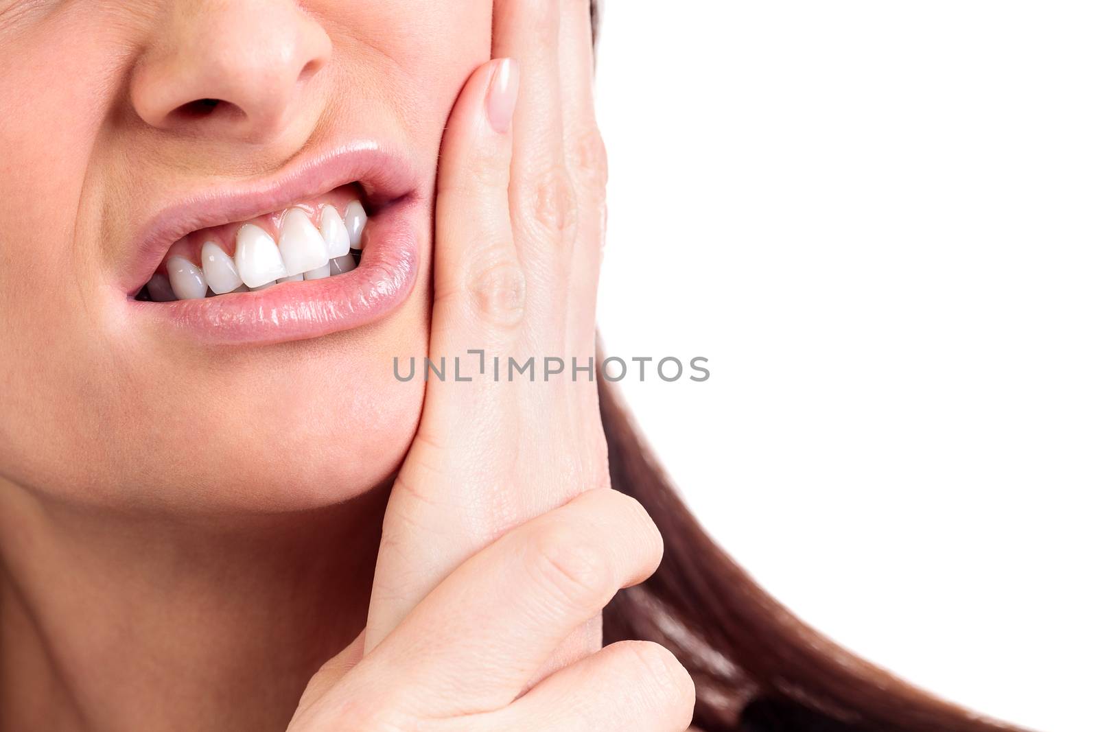 Woman with a toothpain, isolated on white background