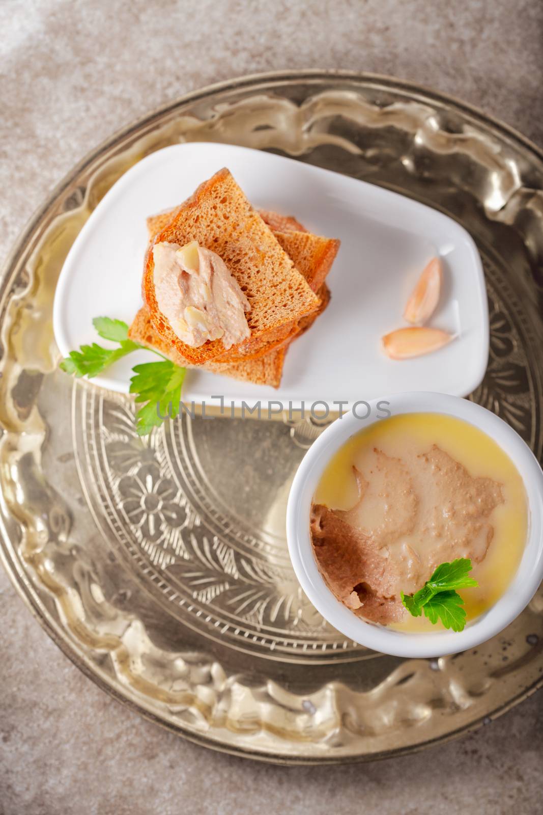 Home made chicken liver pate served on a pan