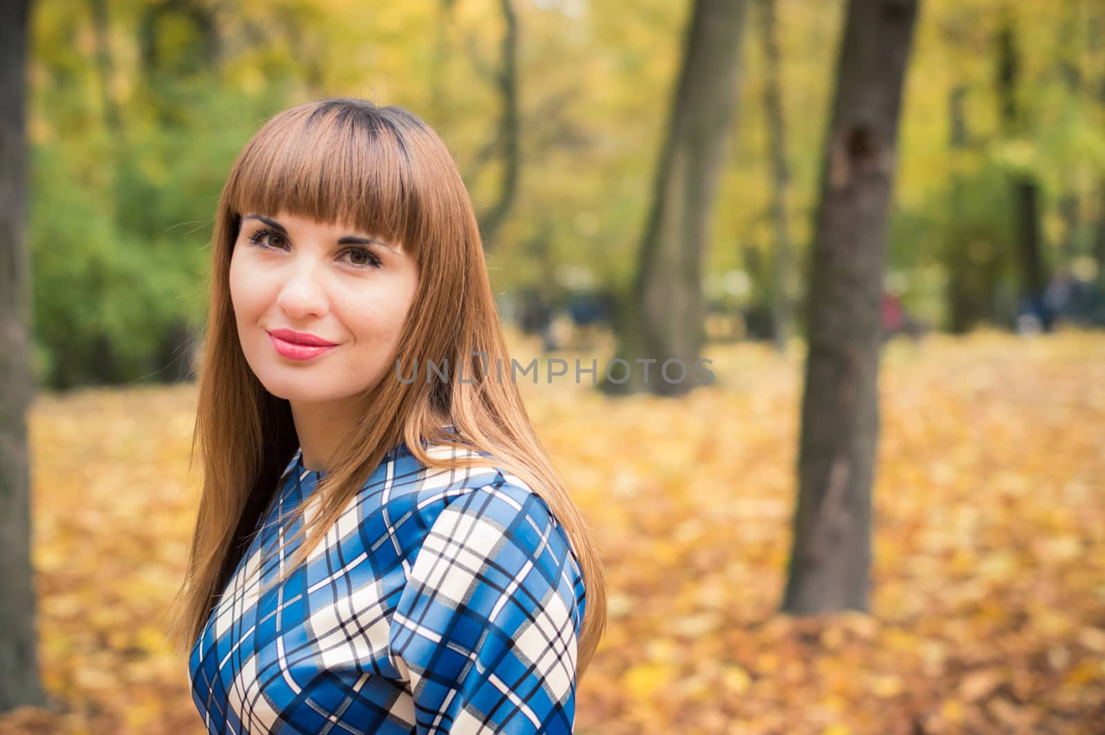 beautiful, dreamy girl with long straight hair in a blue long dress in the park in autumn