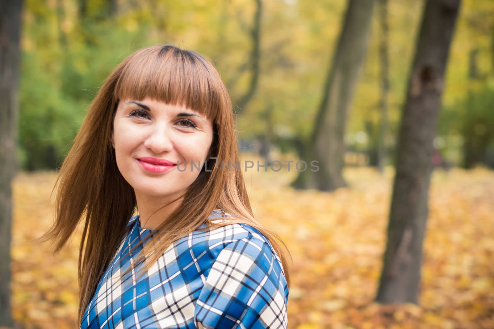 beautiful, dreamy girl with long straight hair in a blue long dress in the park in autumn