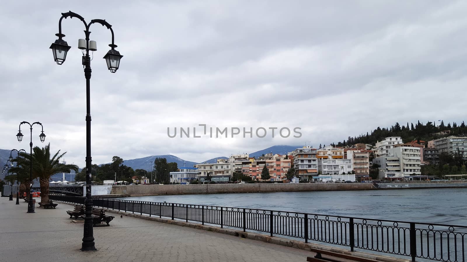 The city of Chalkida, Evia, Greece with dramatic sky 