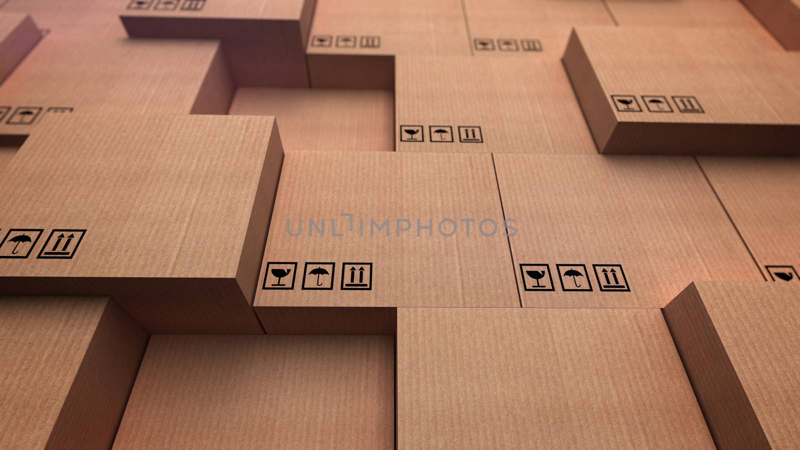 3D rendering of a distribution warehouse. Stacks of cardboard boxes.
