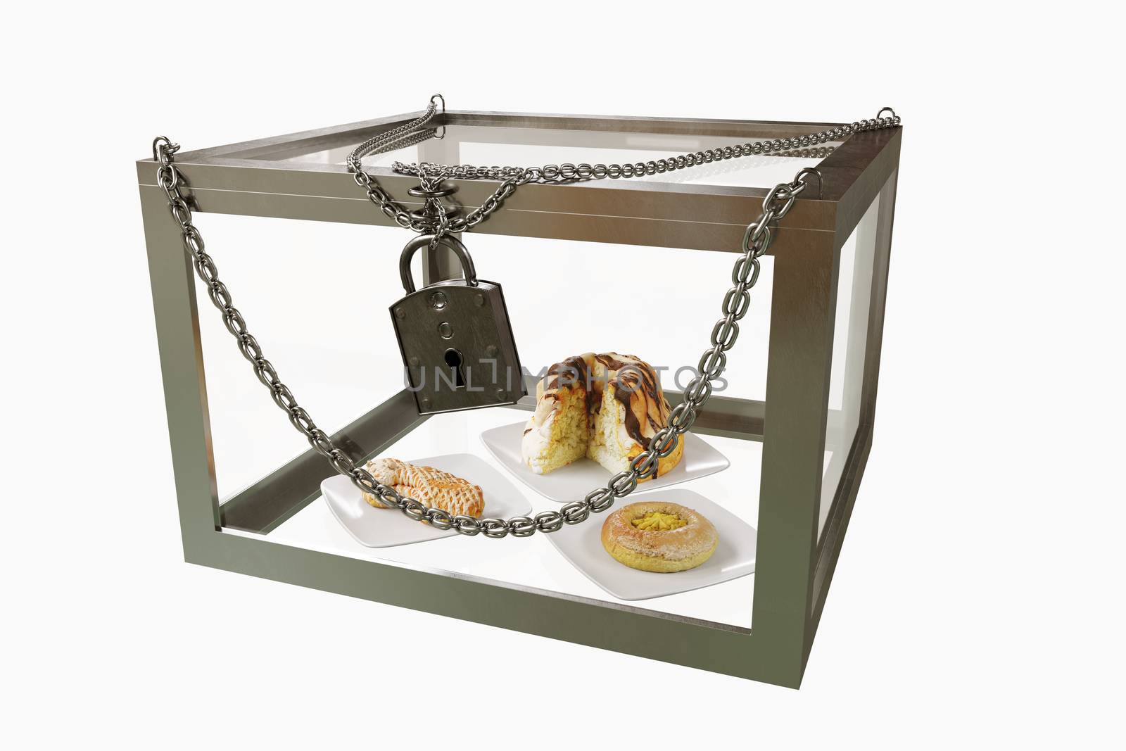 cakes in close metal box with chains diet concept composition photo