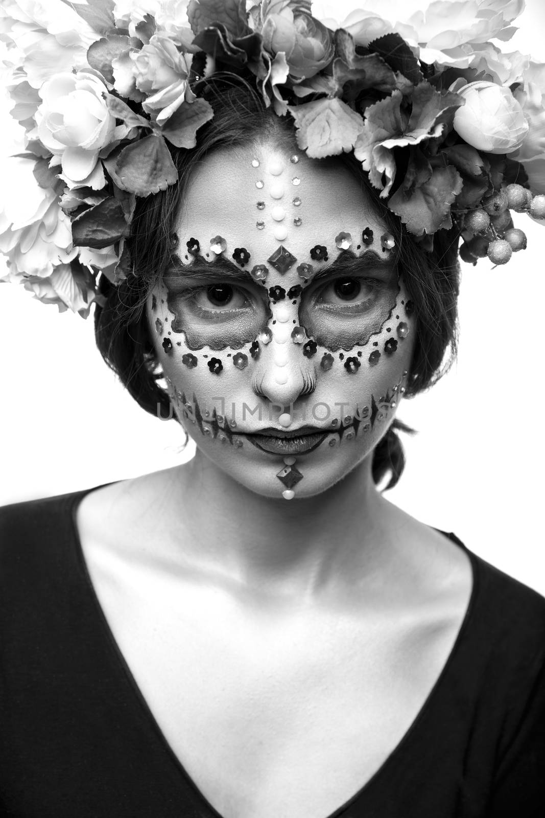 Halloween Model with Rhinestones and Wreath of Flowers isolated  by Multipedia