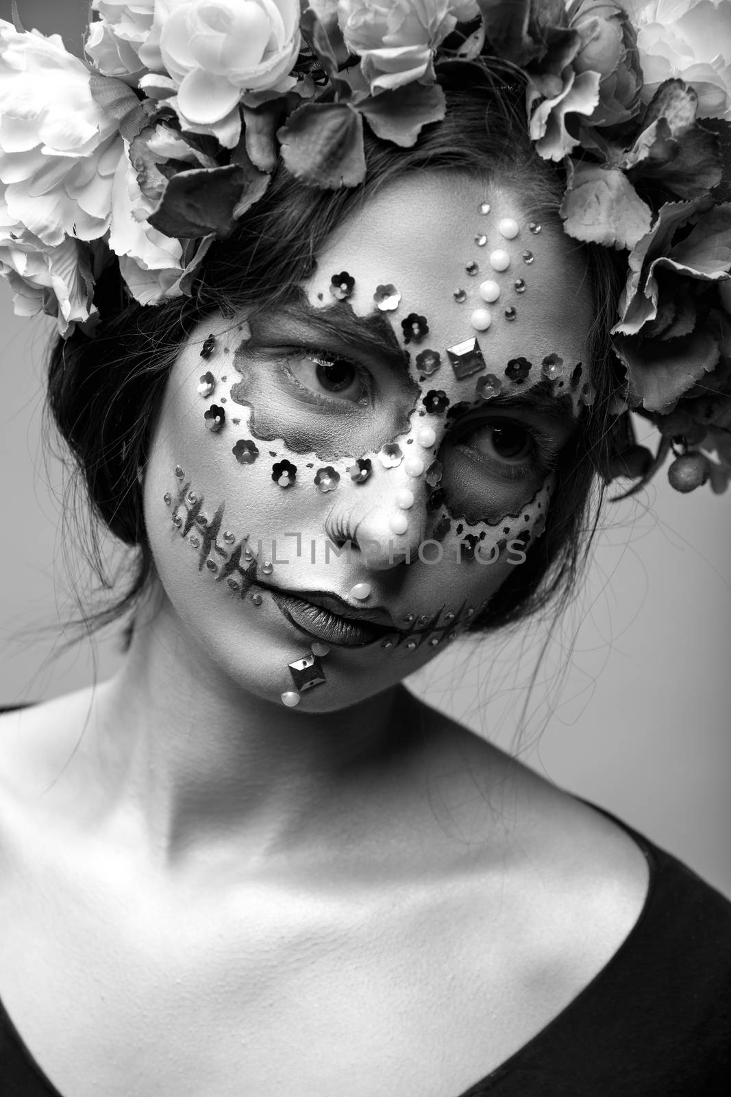 Halloween Fashion Model with Rhinestones and Wreath of Flowers by Multipedia