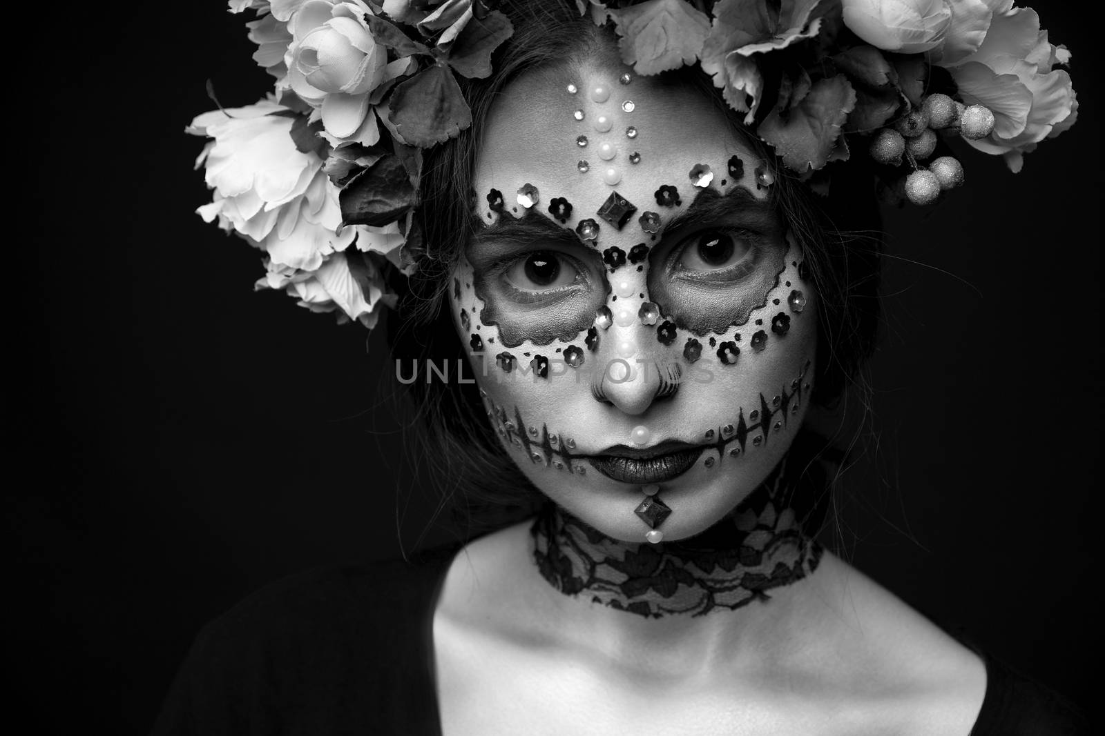 Halloween Model close-up with Rhinestones and Wreath of Flowers by Multipedia
