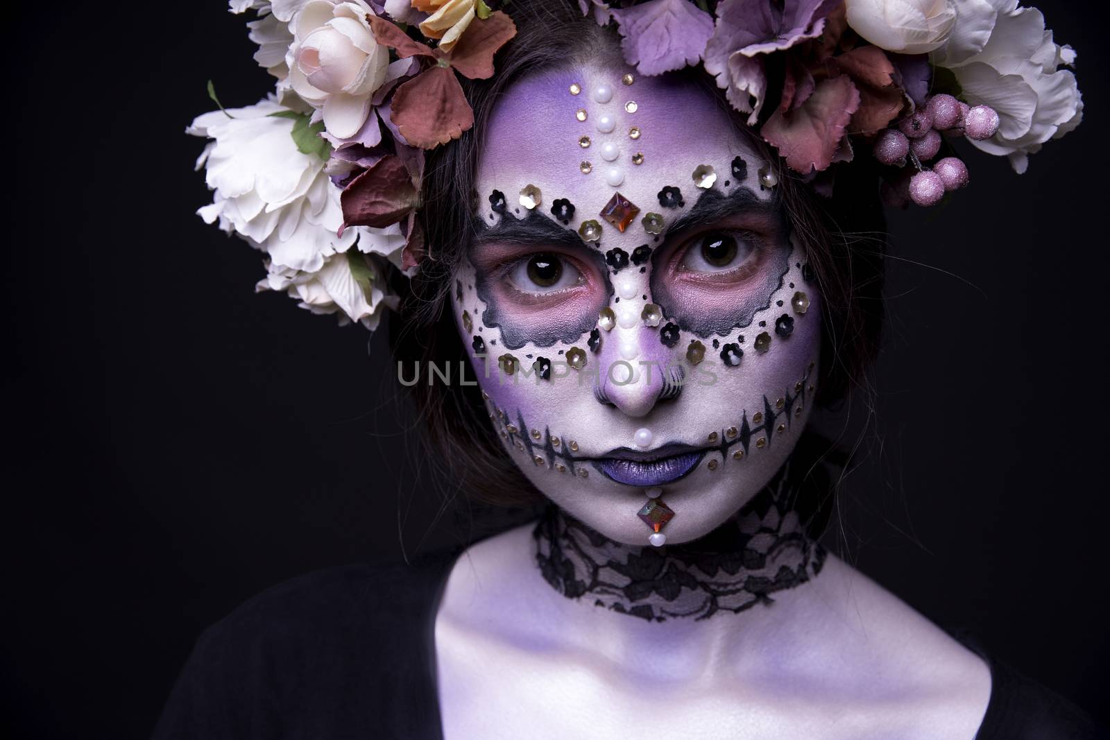 Halloween Model close-up with Rhinestones and Wreath of Flowers by Multipedia