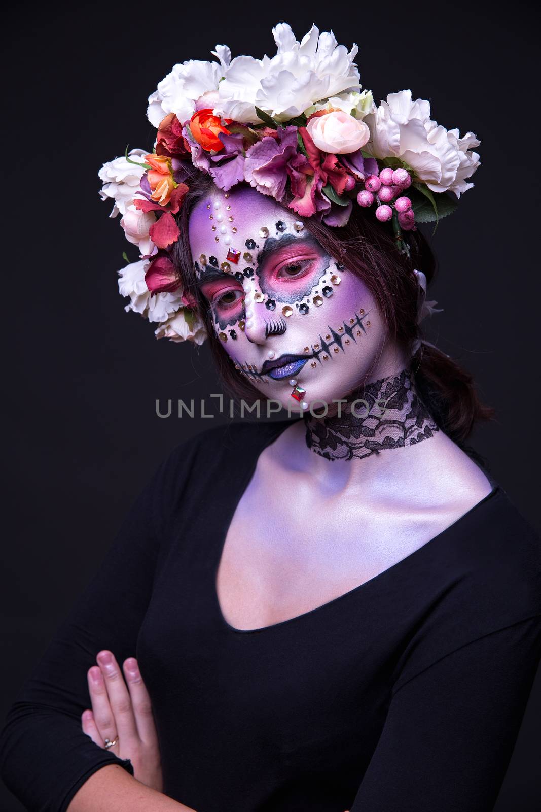 Makeup with Rhinestones and Wreath of Flowers Halloween theme by Multipedia