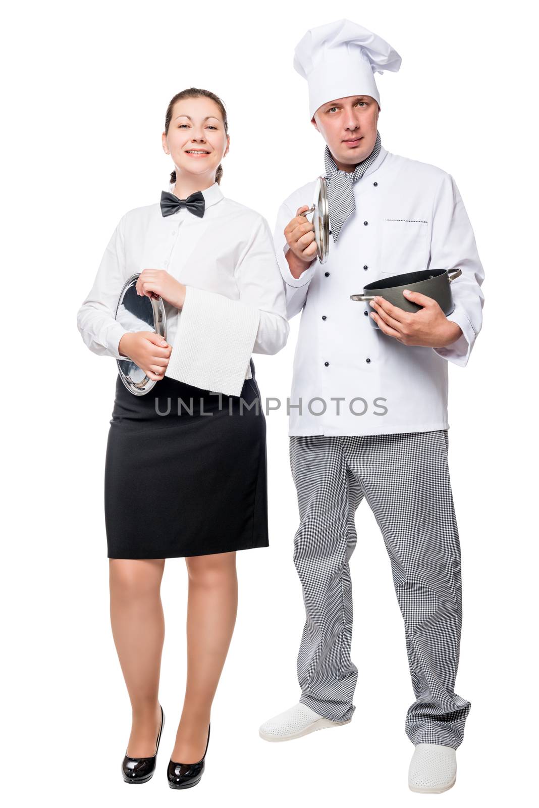Chef with pan and waitress with a tray on a white background in by kosmsos111