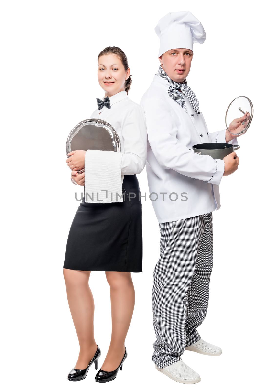 Team waiter and chef portrait on white background