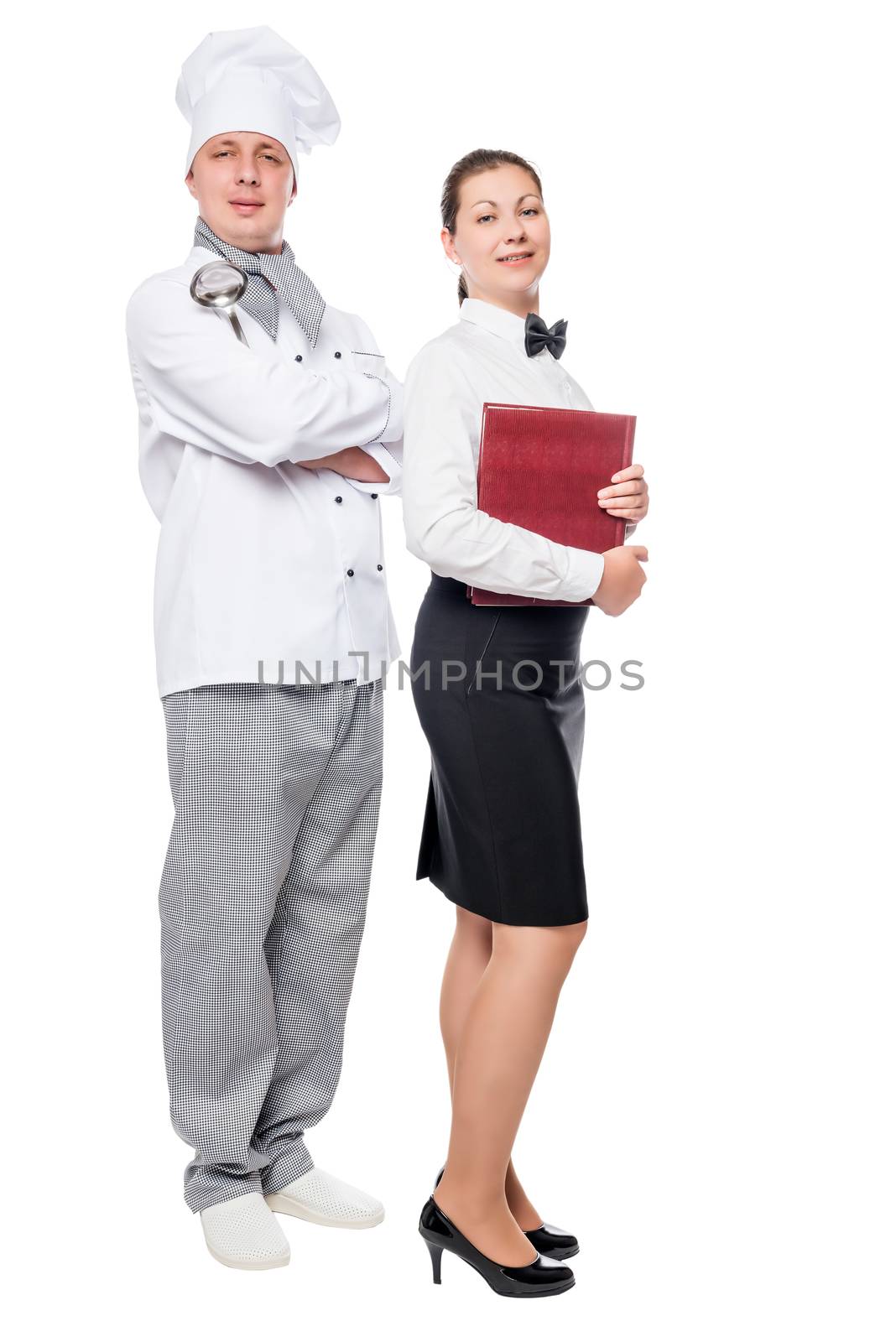 chef and waiter in uniform on a white background working team