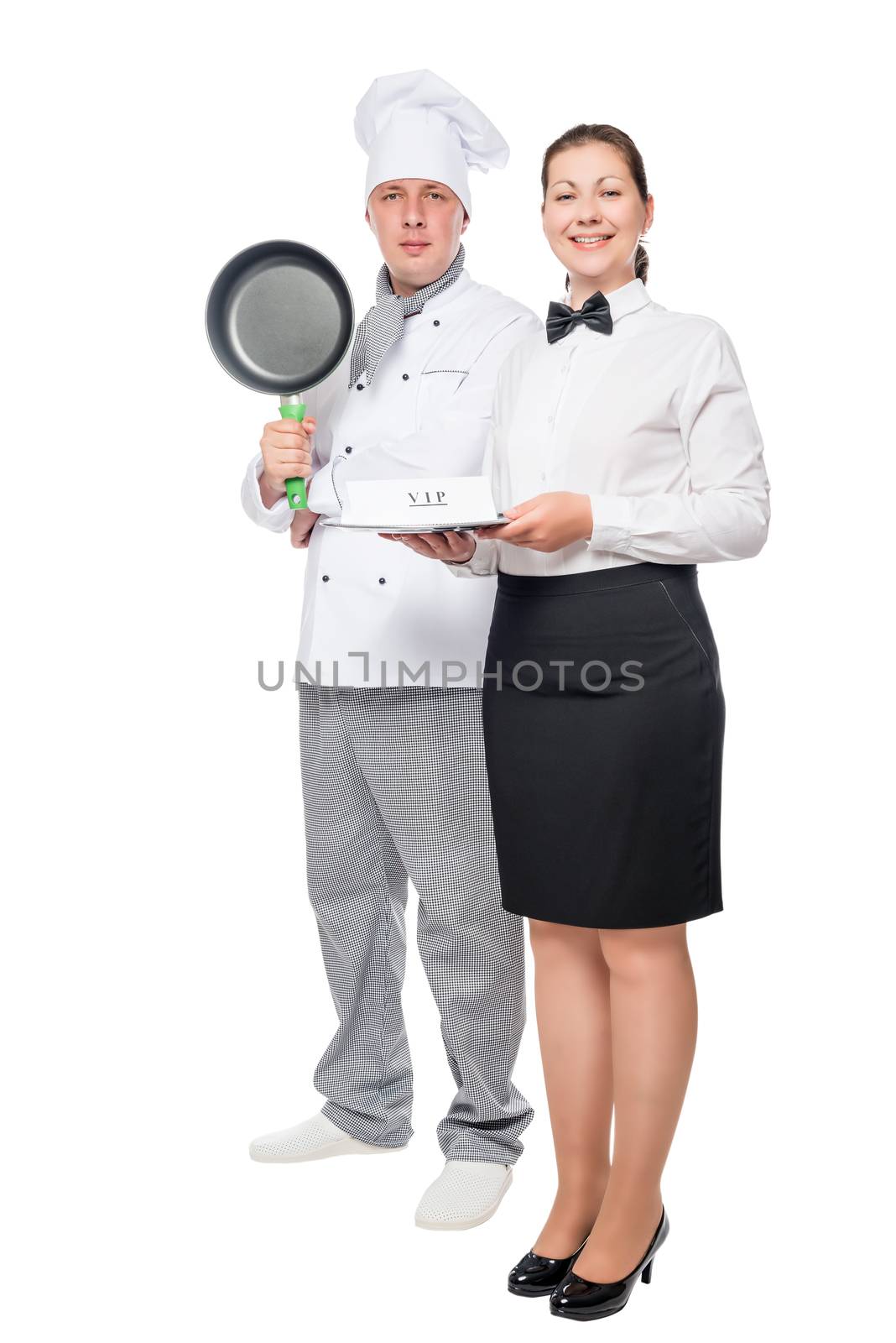 man with a frying pan and cook woman waiter with a tray on a whi by kosmsos111