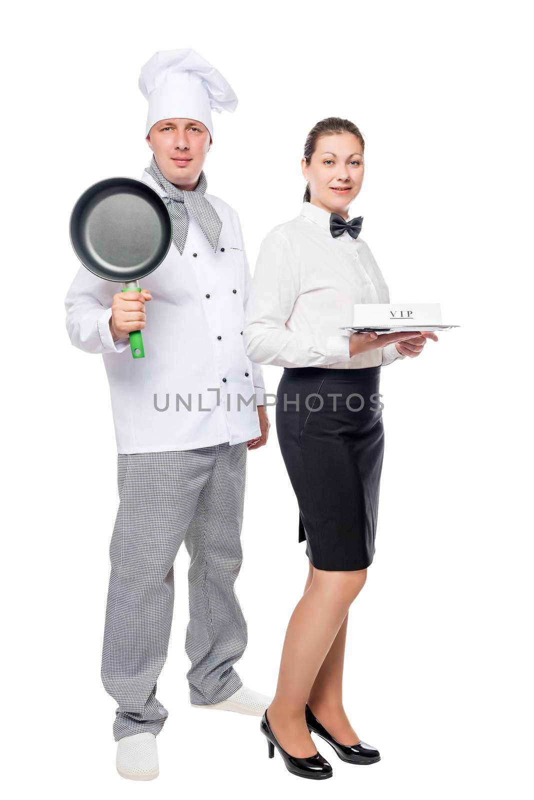 Vertical portrait of a chef and a waitress on a white background in studio