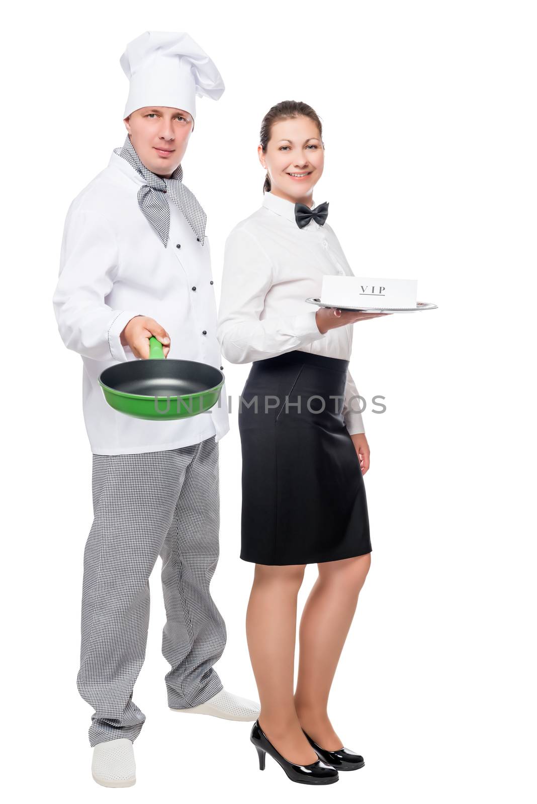 waitress and chef with cooking utensils on a white background in studio