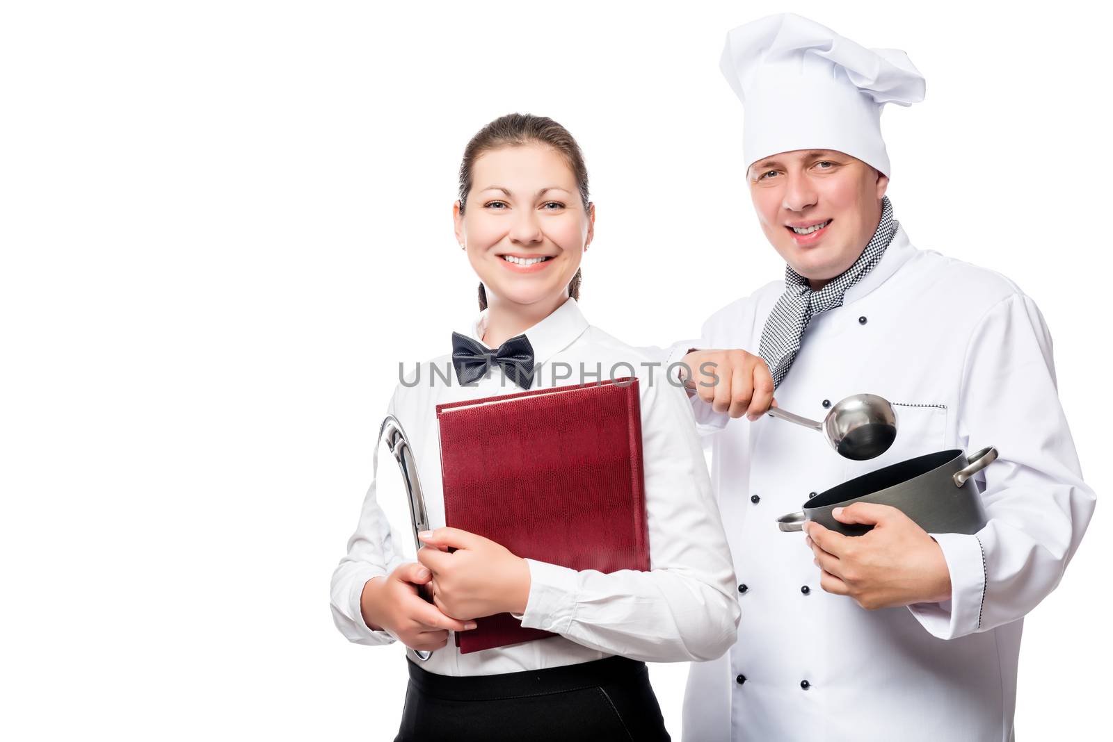 happy waitress and chef with cooking utensils on a white background