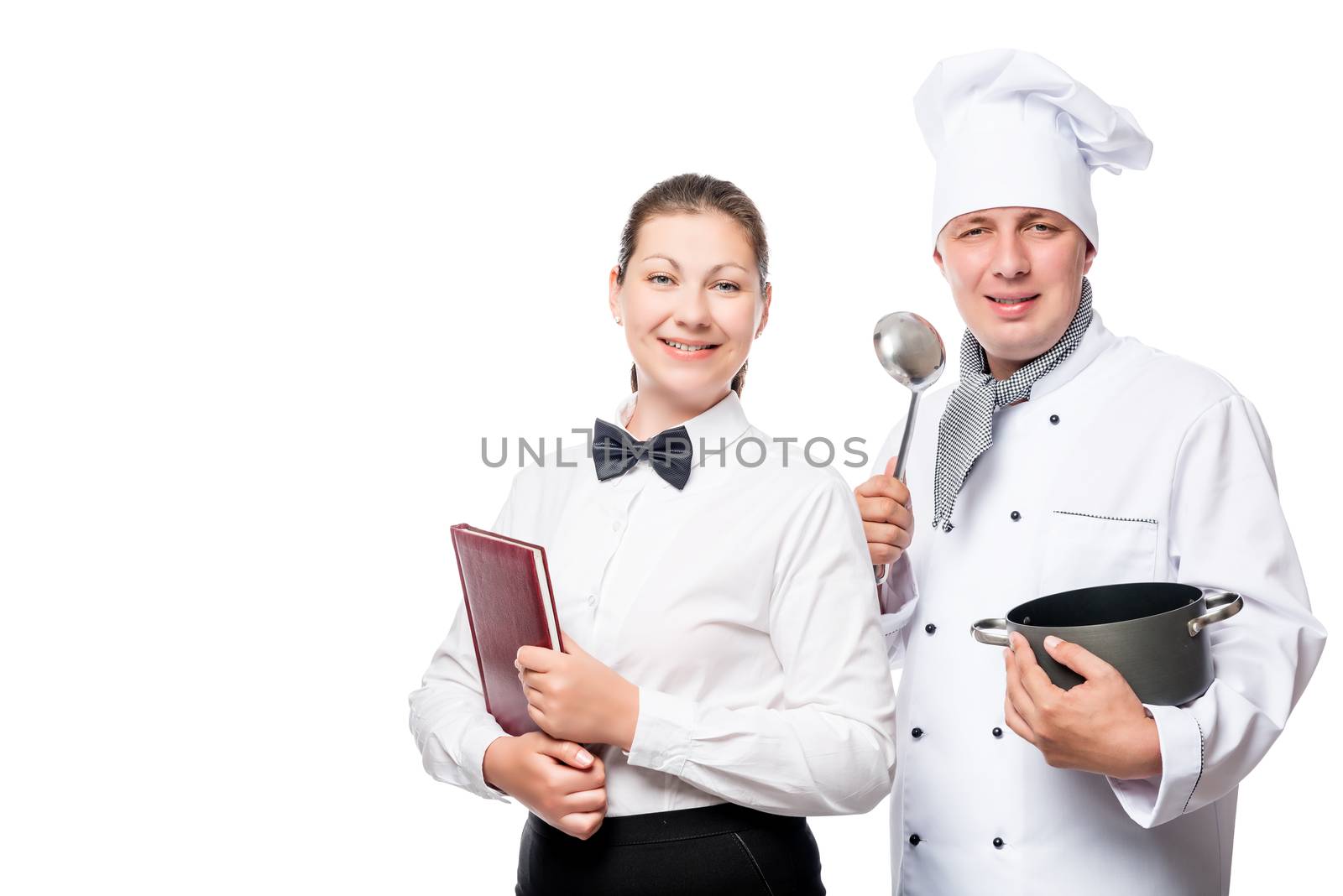 successful chef and waitress in uniform on a white background