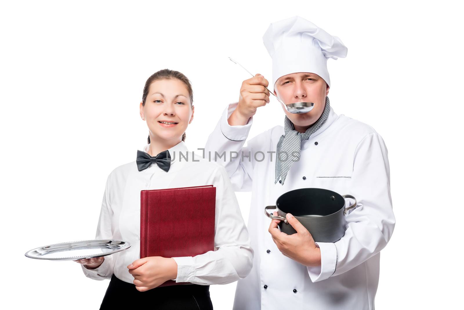 Cook tastes soup, the waitress holding an empty tray isolated