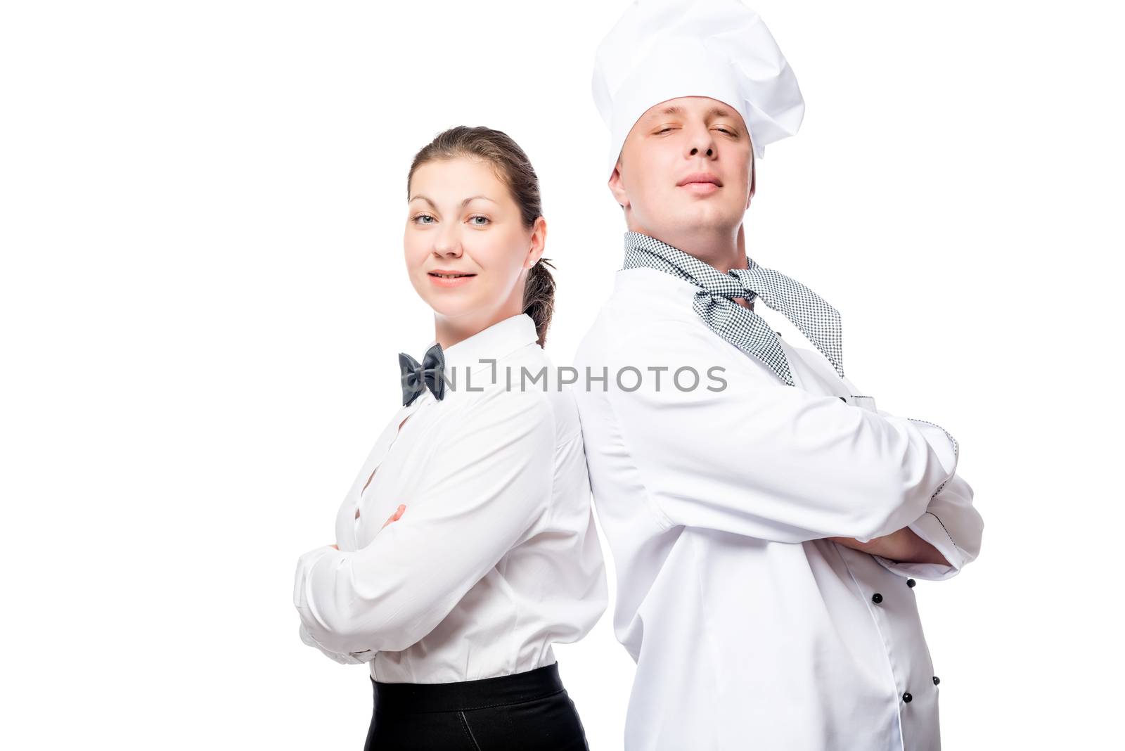 confident waitress and chef on white background portrait in unif by kosmsos111