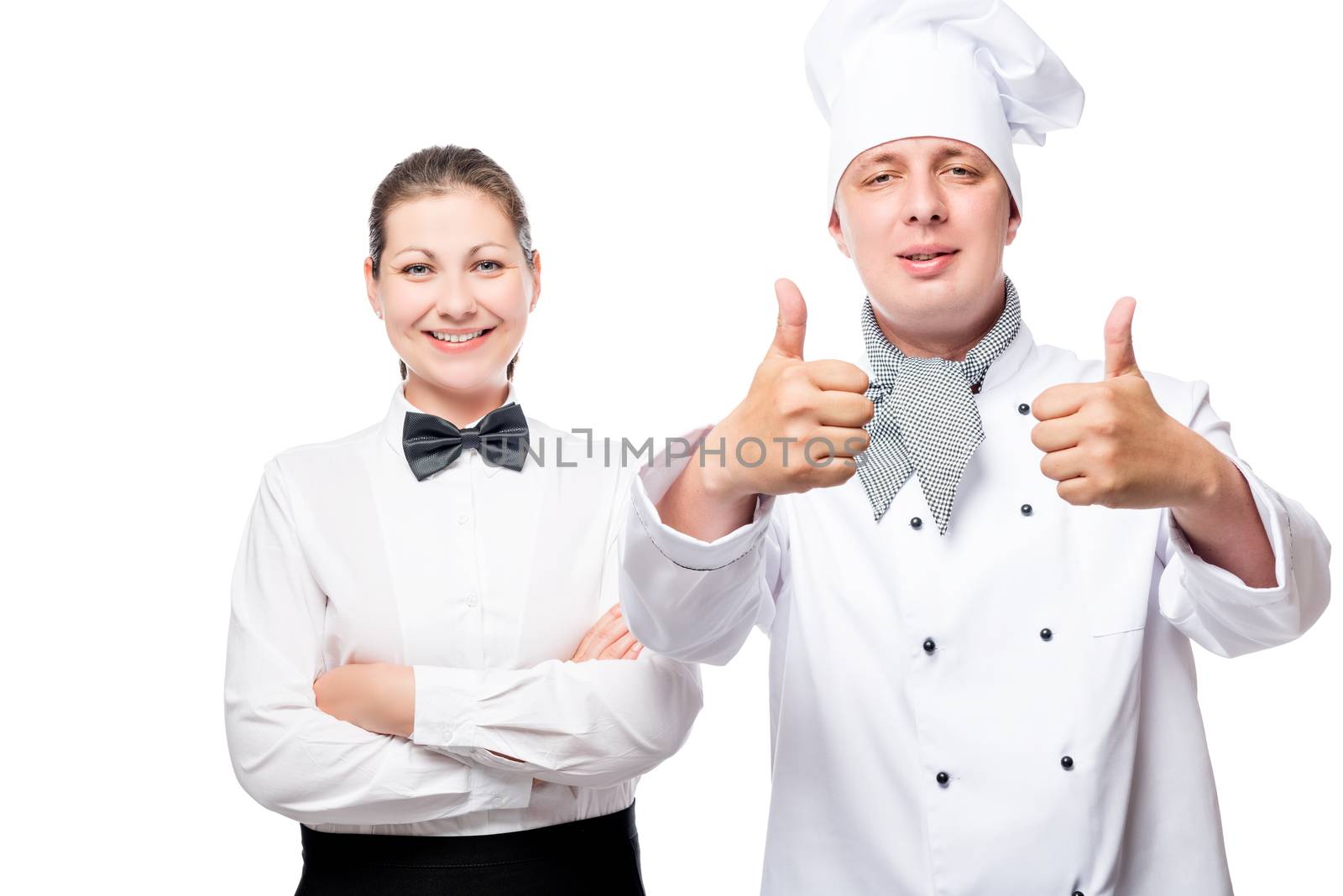 happy and successful restaurant workers posing on a white backgr by kosmsos111