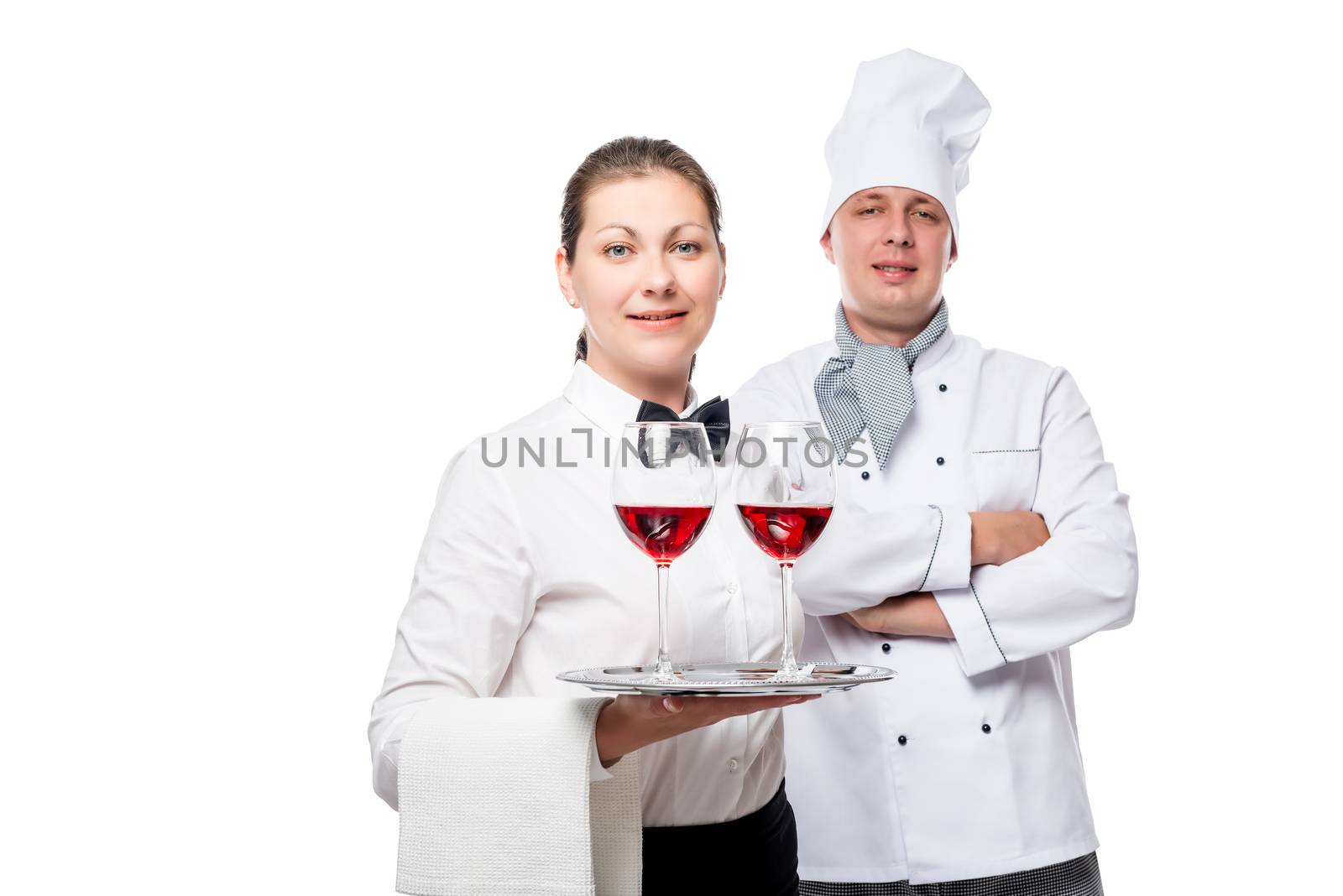 portrait a waitress with glasses of wine on a tray and a chef on by kosmsos111