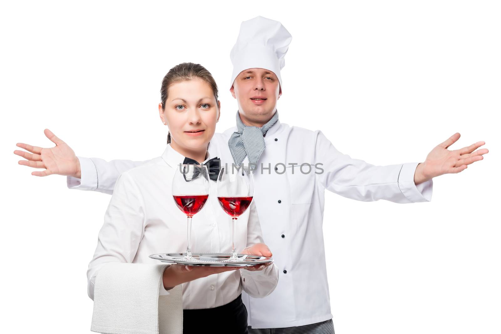 friendly restaurant team work, a portrait on a white background