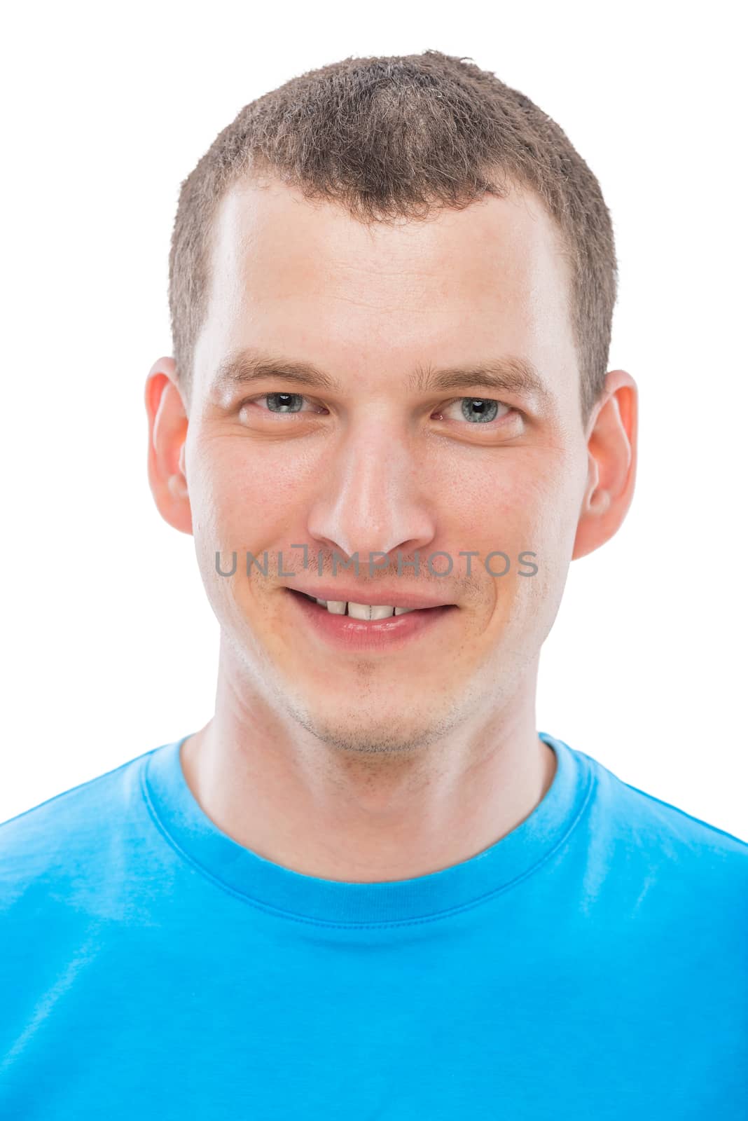 Vertical portrait of a man with a smile on a white background is by kosmsos111