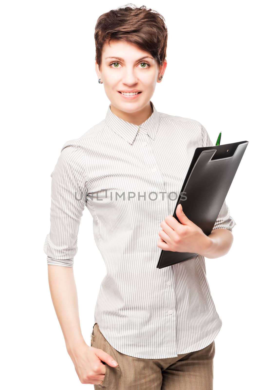 brunette woman very successful business, portrait on a white background