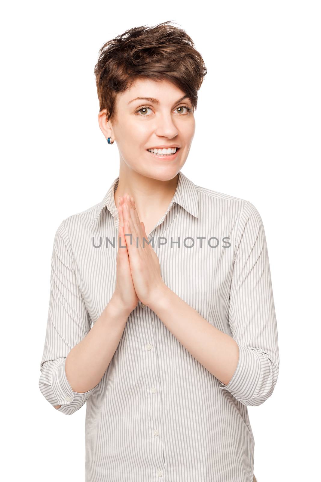 happy brunette woman photo on the white background in studio by kosmsos111