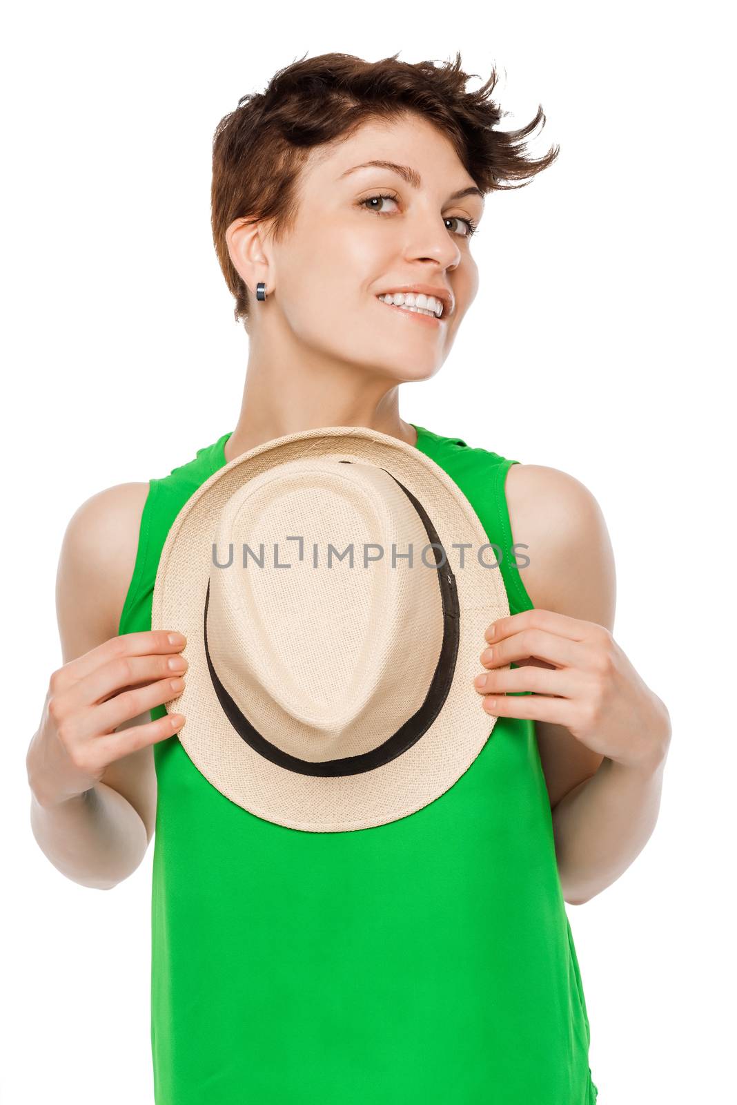 Happy smiling woman posing in a studio with a hat by kosmsos111