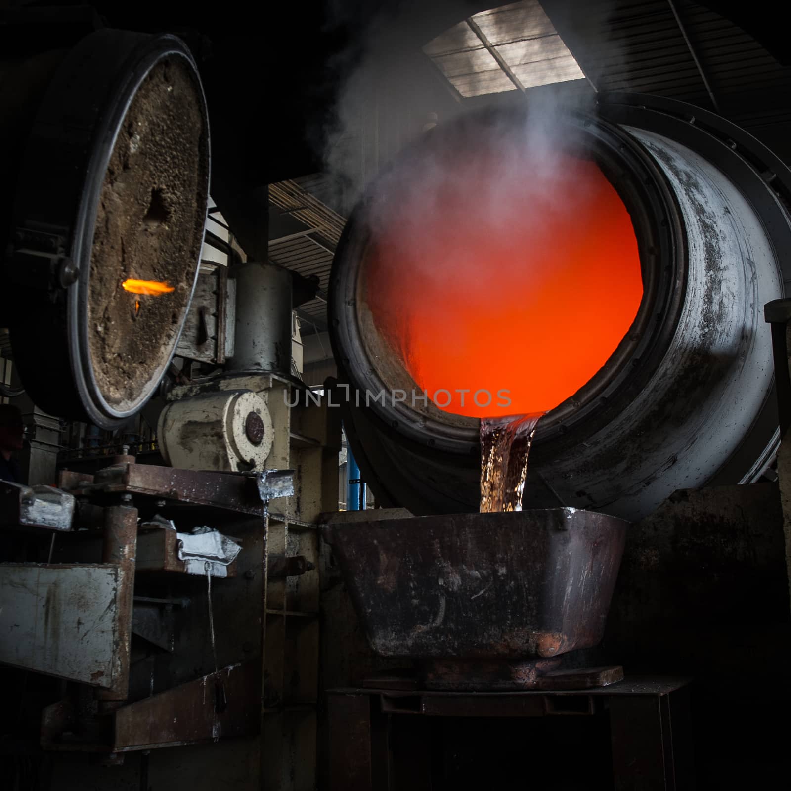 Hot steel pouring in steel plant, iron, aluminium