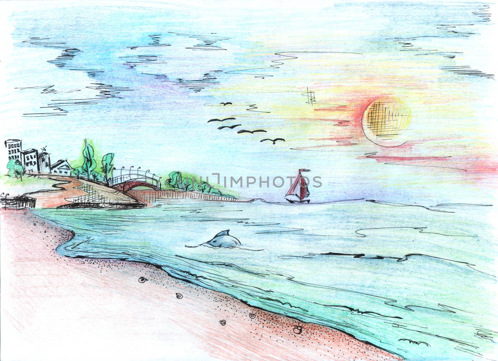 Illustration - pencil drawn seascape at sunset