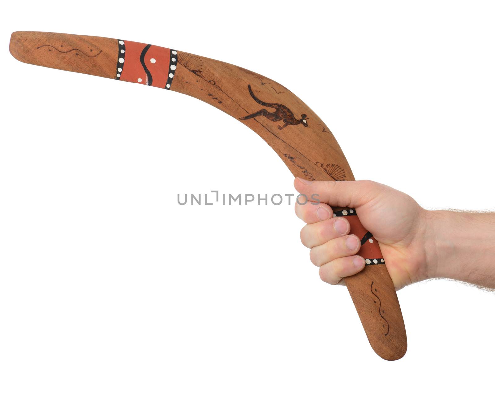 Hand holding a boomerang isolated on a white background