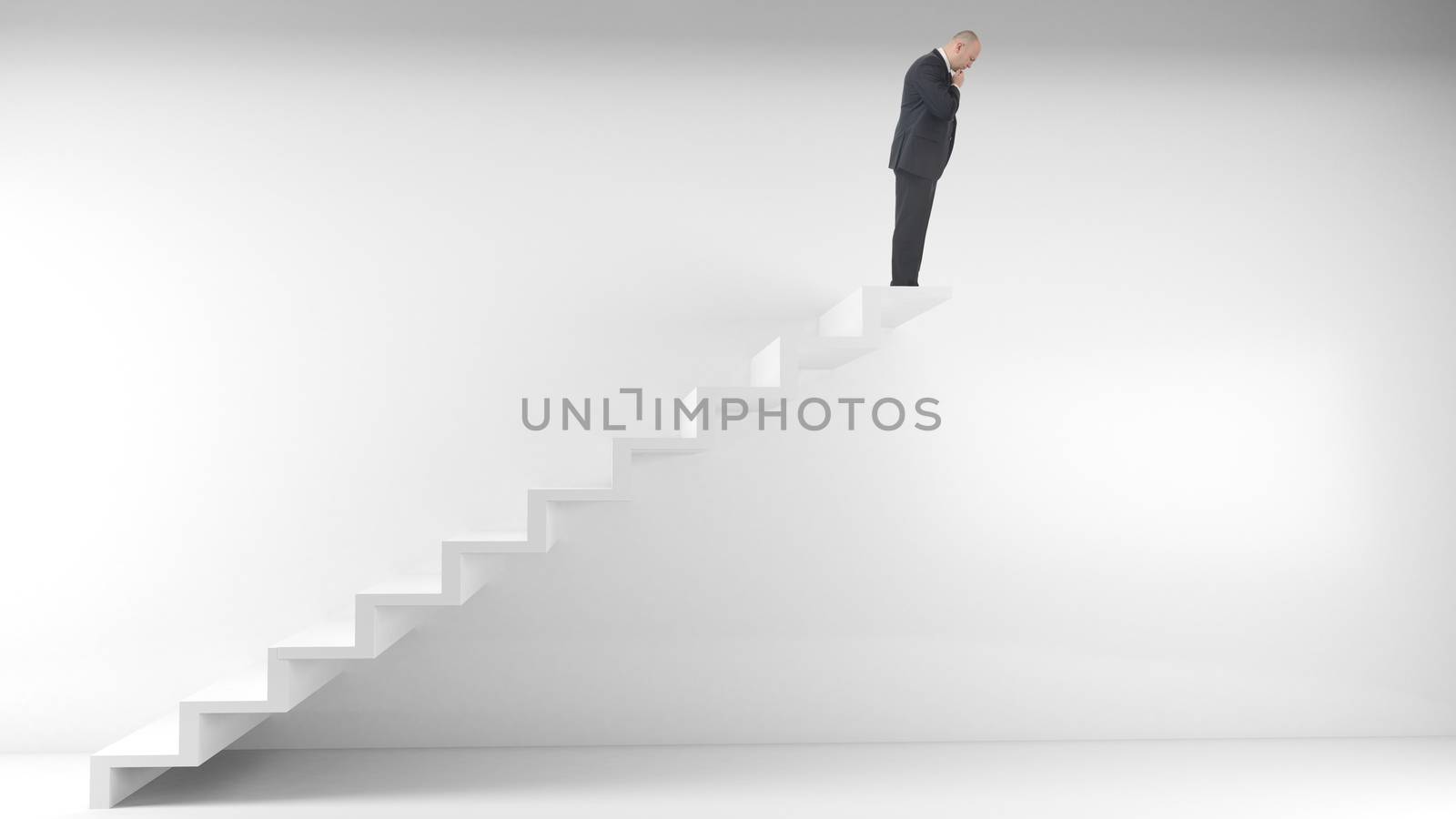 What's the next step concept man at top of staircase