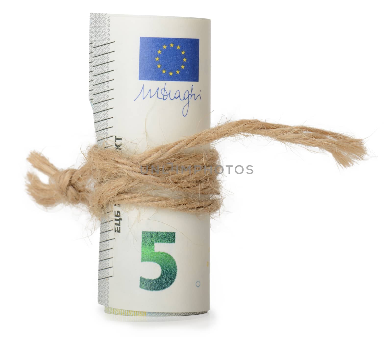 Money tied up with string isolated on a white background