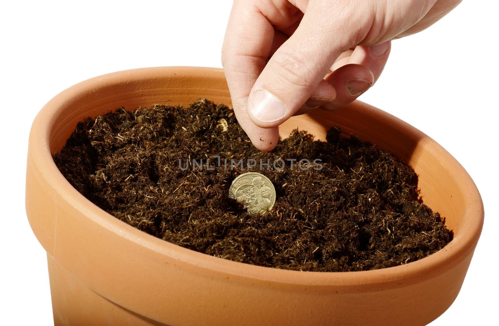 A hand planting a coin concept of investment, isolated on a white background