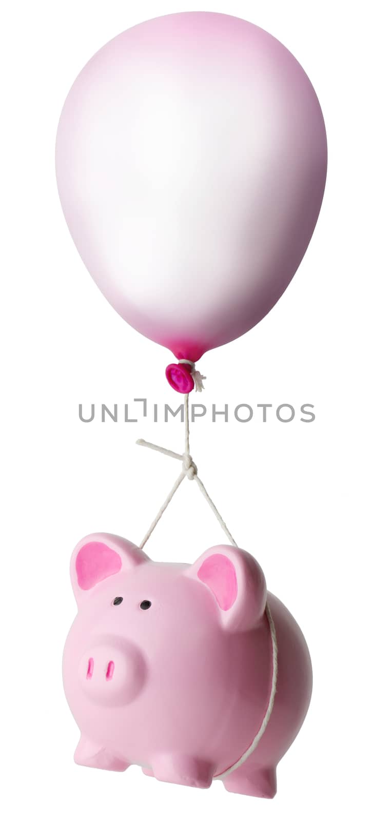 Piggy bank rising on a balloom isolated on a white background